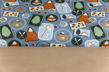 Stoffpaket French Terry + Bündchen "Camping" mit Bären und Füchsen, rauchblau, camel